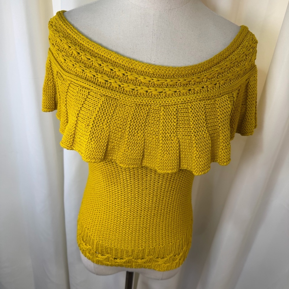 Anthropologie Mustard Yellow Ruffled Off-The-Shoulder Crocheted Sweater Size XS - Picture 15 of 16